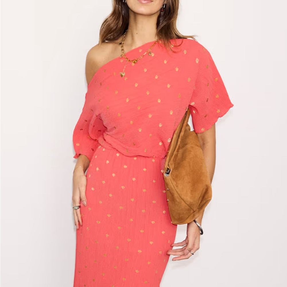 Never Fully Dressed Coral Plisse Tilly Dress